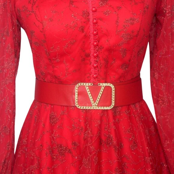 Red Glitter Midi A-Line Long Sleeve Dress with belt - Picture 3 of 5